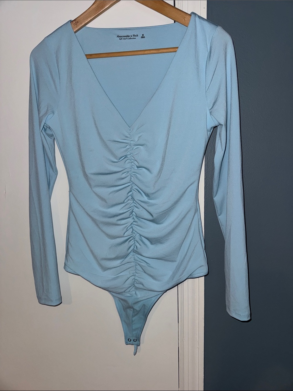Abercrombie & Fitch Baby Blue V-Neck Ruched Long Sleeve Bodysuit